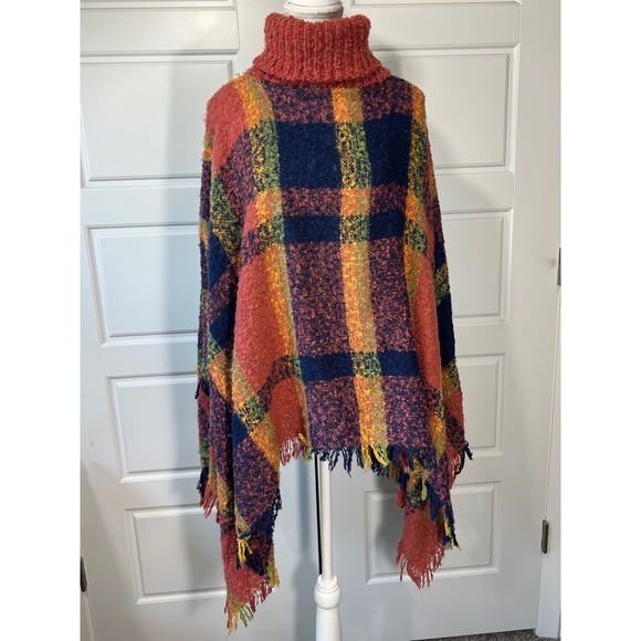 LU NYC Womens Plaid Turtleneck Poncho One Size Cozy Fall Colors - Picture 1 of 9